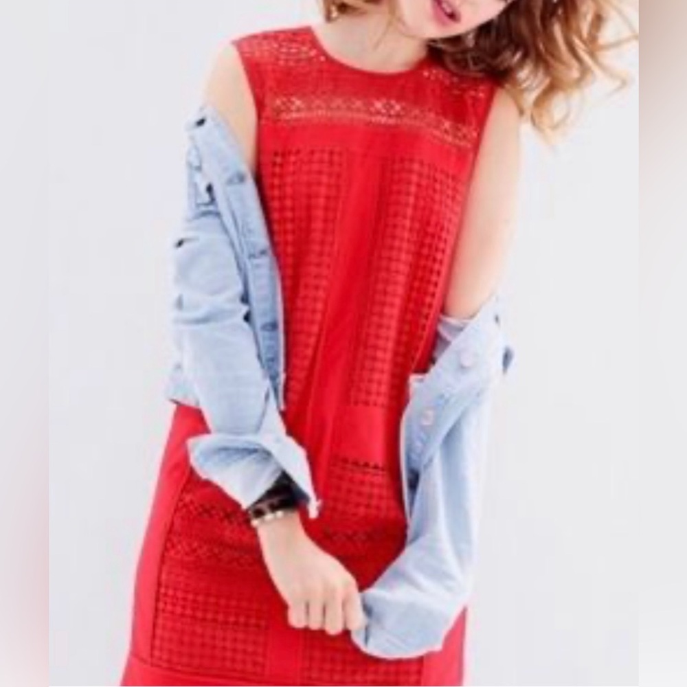 J Crew Red Geo Lace Crochet Round Neck Sleeveless Shift Dress Red Size Small